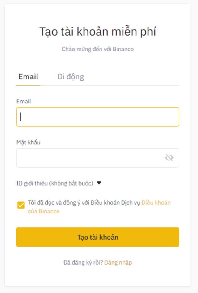 Điền đầy đủ thông tin khi đăng ký tài khoản Binance
