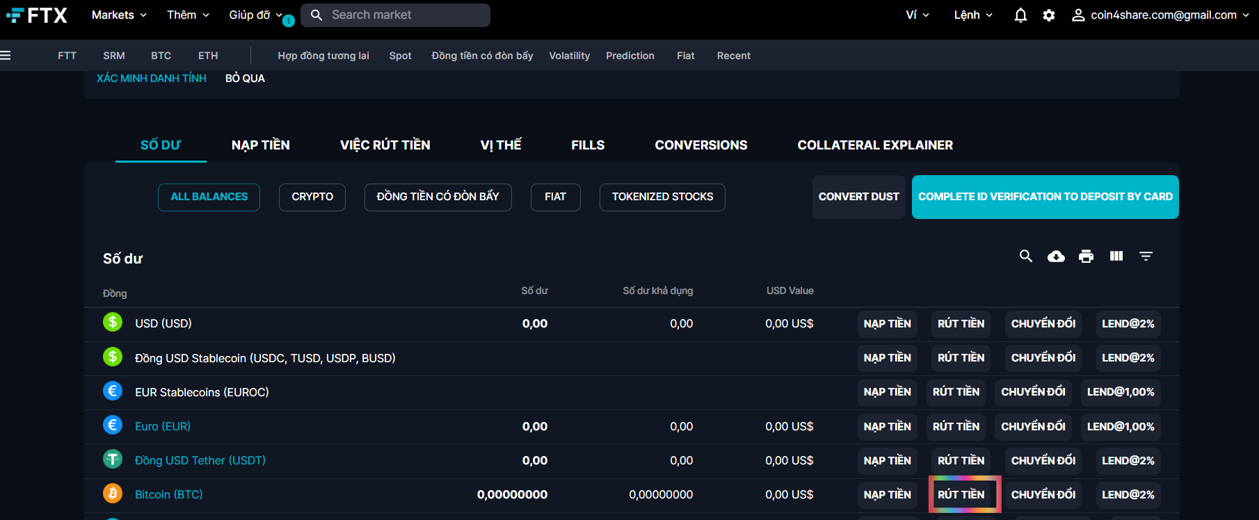 Hướng dẫn rút, nạp tiền USDT, BTC trên ví sàn FTX [Phần 2]